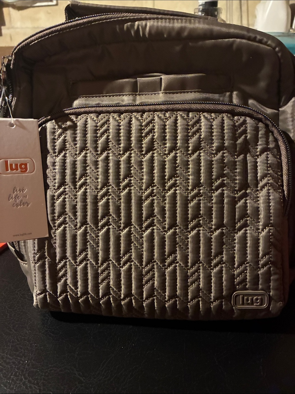 lug Quilted Taupe Crossbody Bag with accessories